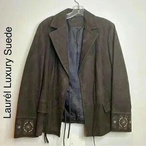Laurél Brown Suede Coat  Blazer Embroidered Luxury